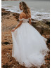 Off Shoulder Ivory Glitter Lace Tulle Flowing Wedding Dress